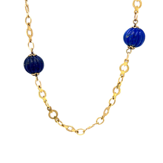 Vintage Mid-Century Lapis Lazuli Beaded Necklace in 18k Yellow Gold