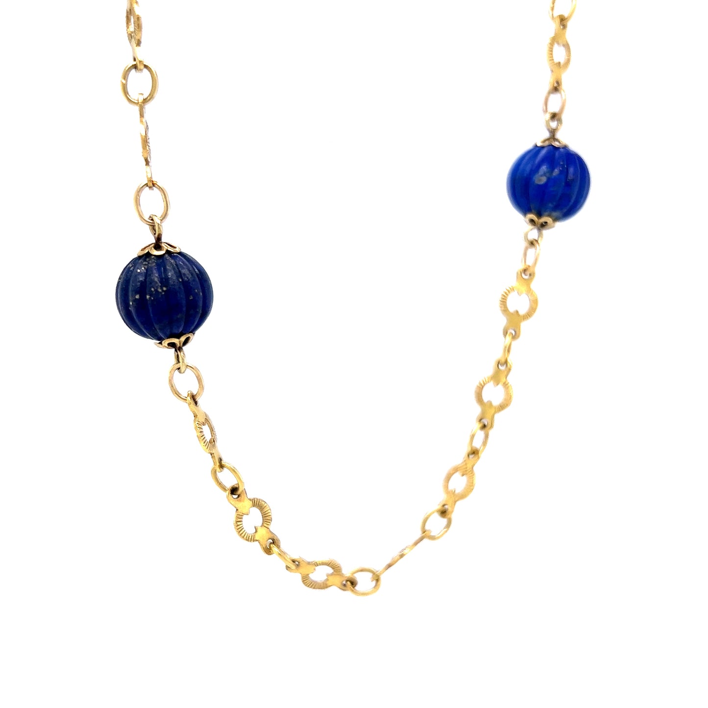 Vintage Mid-Century Lapis Lazuli Beaded Necklace in 18k Yellow Gold