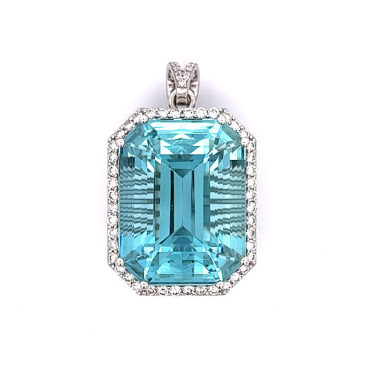 71.80 Emerald Cut Aquamarine & Diamond Pendant Necklace in 14K White Gold