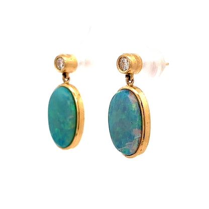 2.74 Cabochon Opal & Diamond Earrings in 18k Yellow Gold