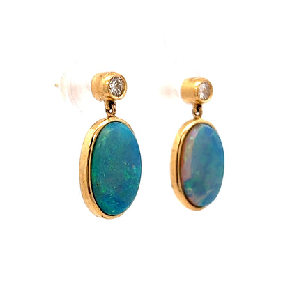 2.74 Cabochon Opal & Diamond Earrings in 18k Yellow Gold