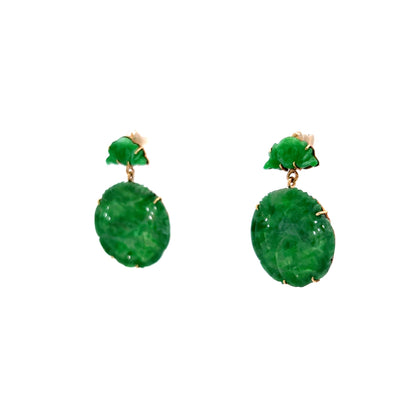 Cabochon Cut Jadeite Drop Earrings in 14k Yellow Gold