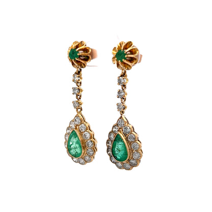 Vintage-Inspired Green Emerald & Diamond Drop Earrings in 14K Yellow Gold