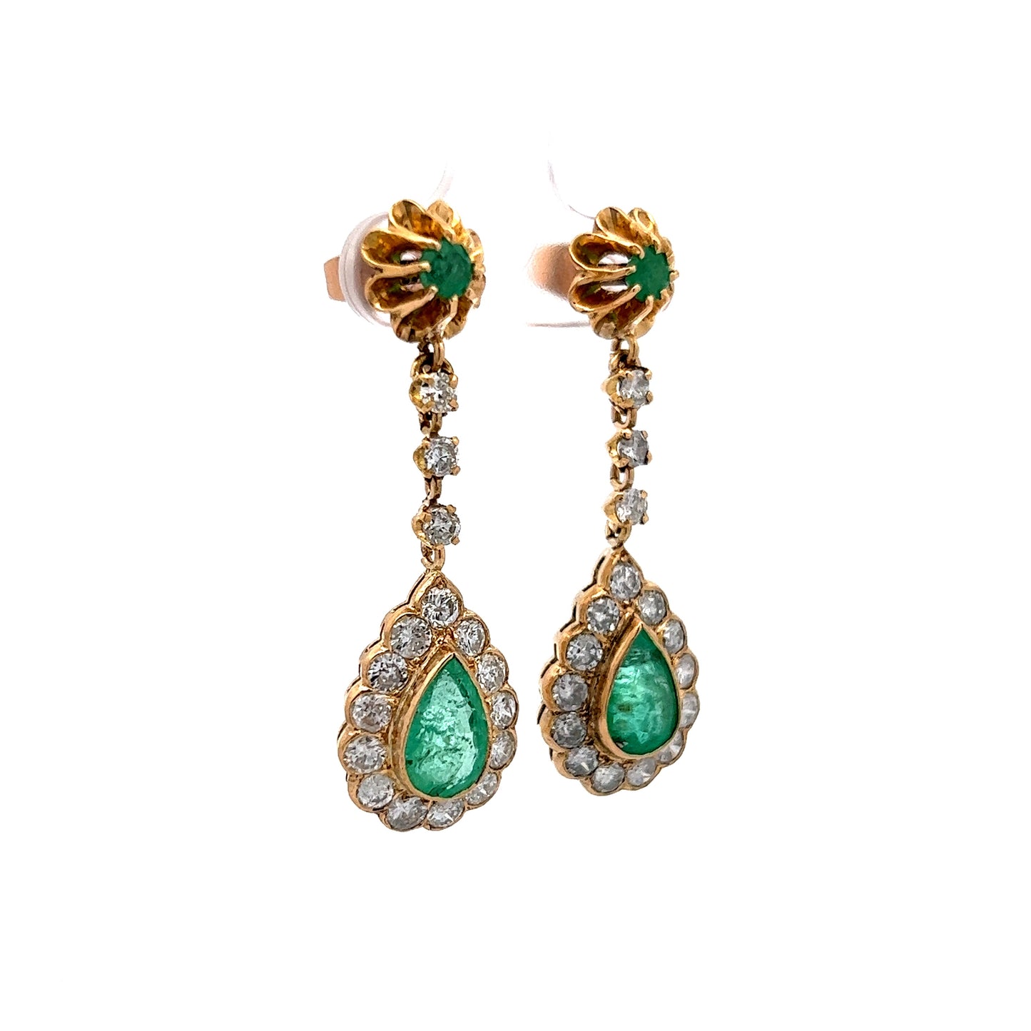 Vintage-Inspired Green Emerald & Diamond Drop Earrings in 14K Yellow Gold