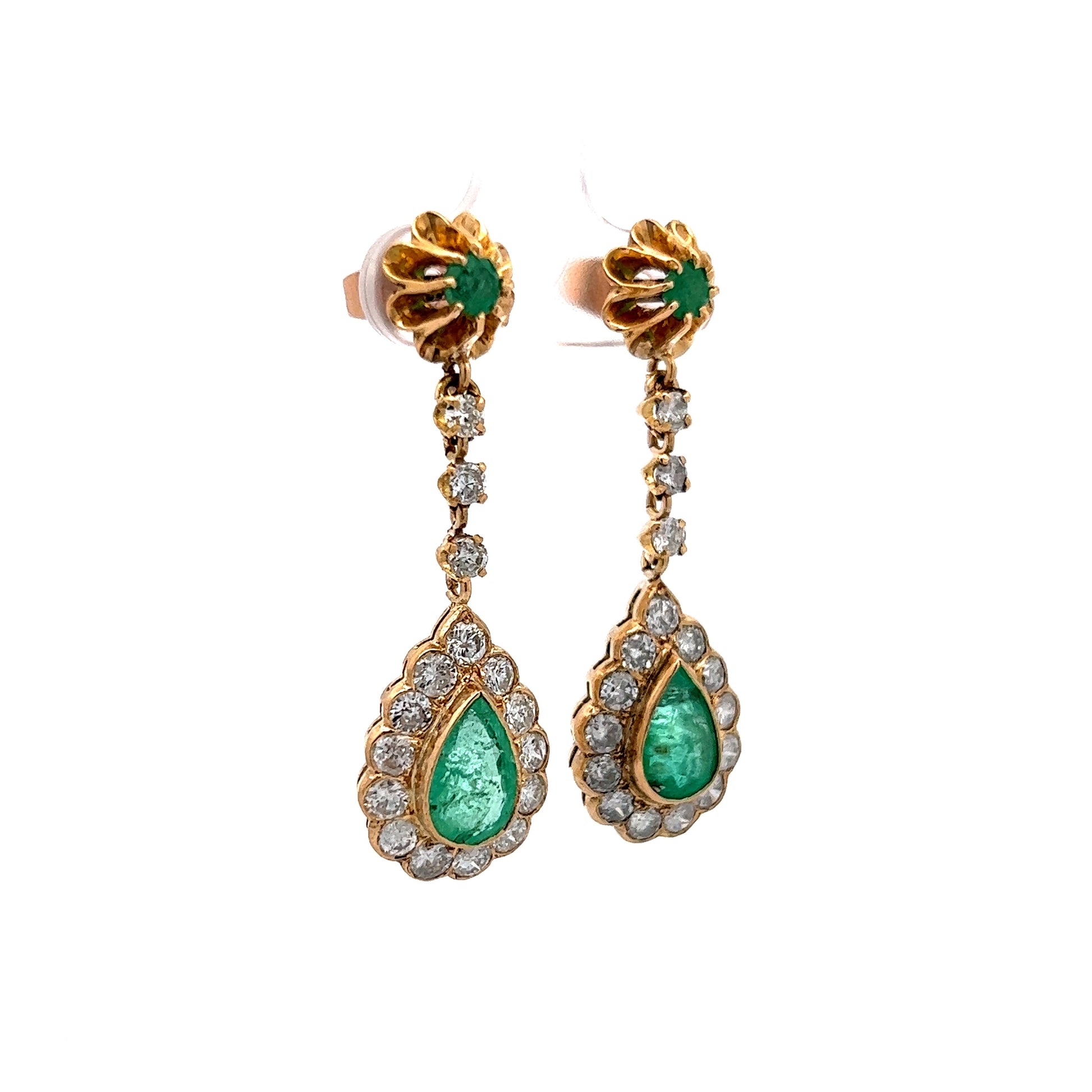 Vintage-Inspired Green Emerald Diamond Drop Earrings in 14K