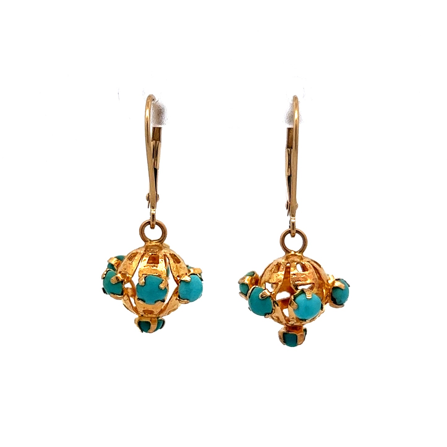 Vintage Mid-Century Turquoise Drop Earrings in 14k Yellow Gold