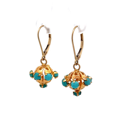 Vintage Mid-Century Turquoise Drop Earrings in 14k Yellow Gold