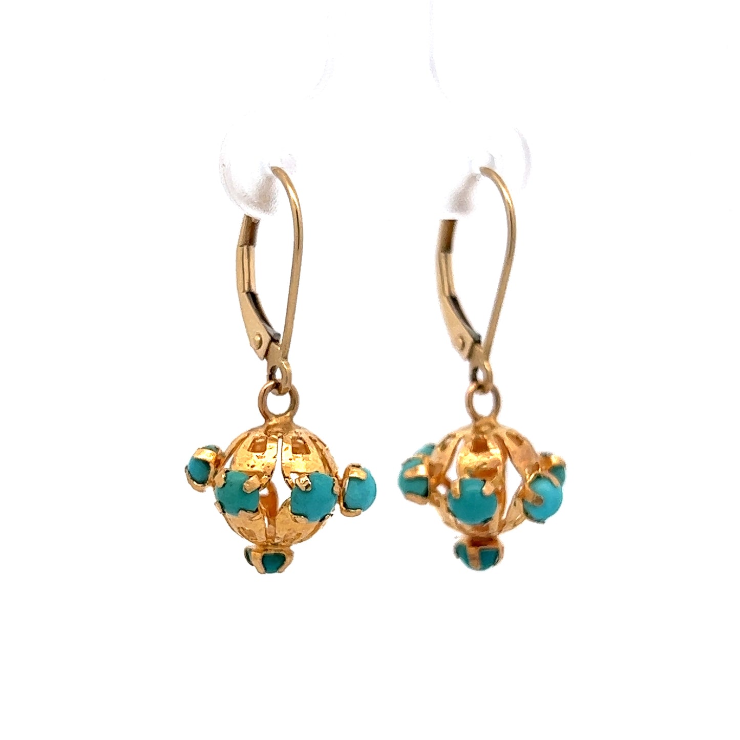 Vintage Mid-Century Turquoise Drop Earrings in 14k Yellow Gold