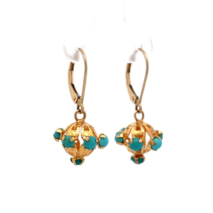 Vintage Mid-Century Turquoise Drop Earrings in 14k Yellow Gold