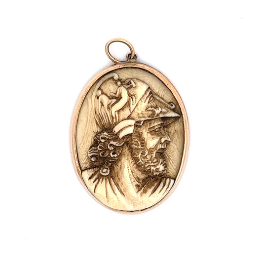 Antique Pendant Charm Face Victorian Carved Petrified Wood in 14k Yellow Gold