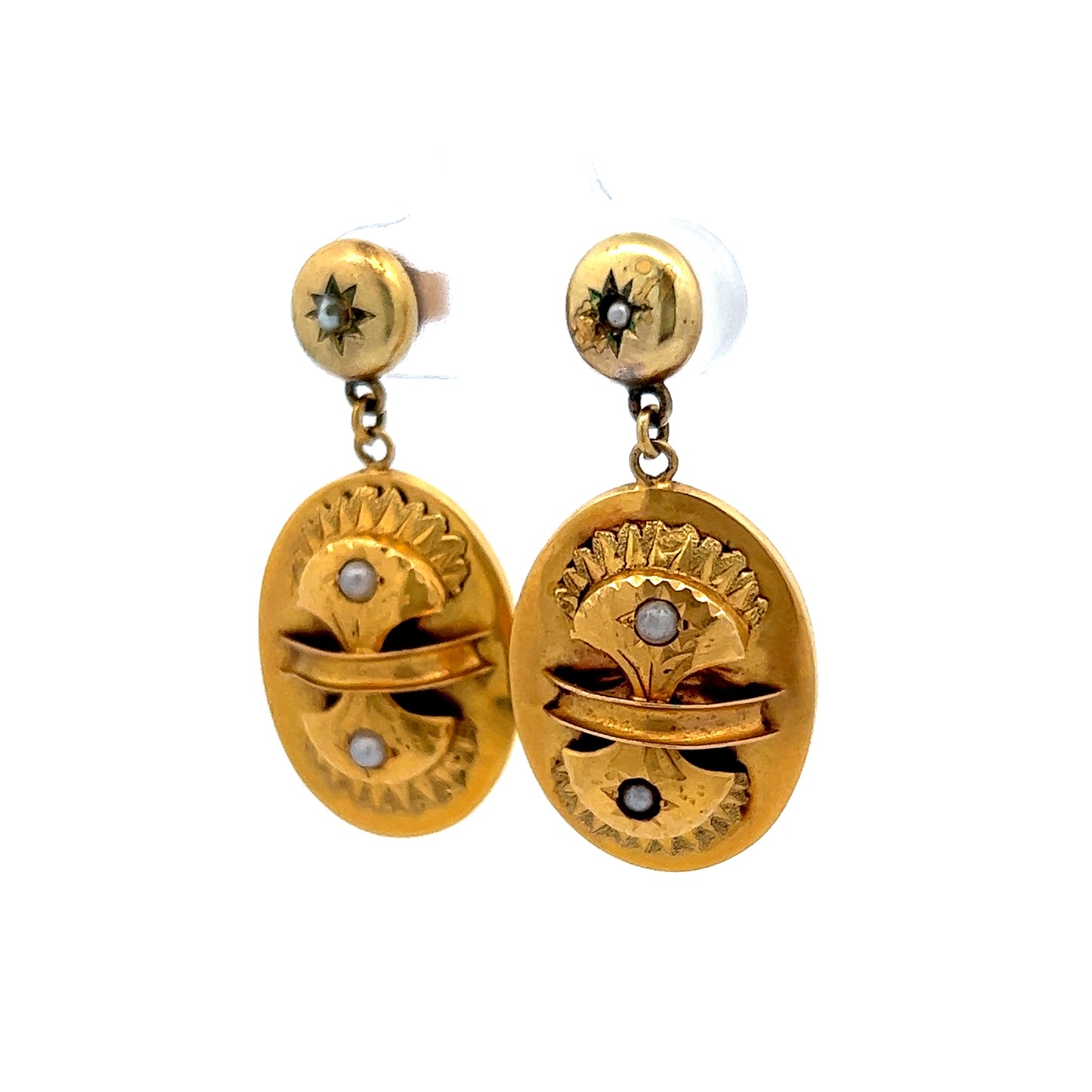 Victorian Pearl Amulet Shield Drop Earrings in 14K Yellow Gold