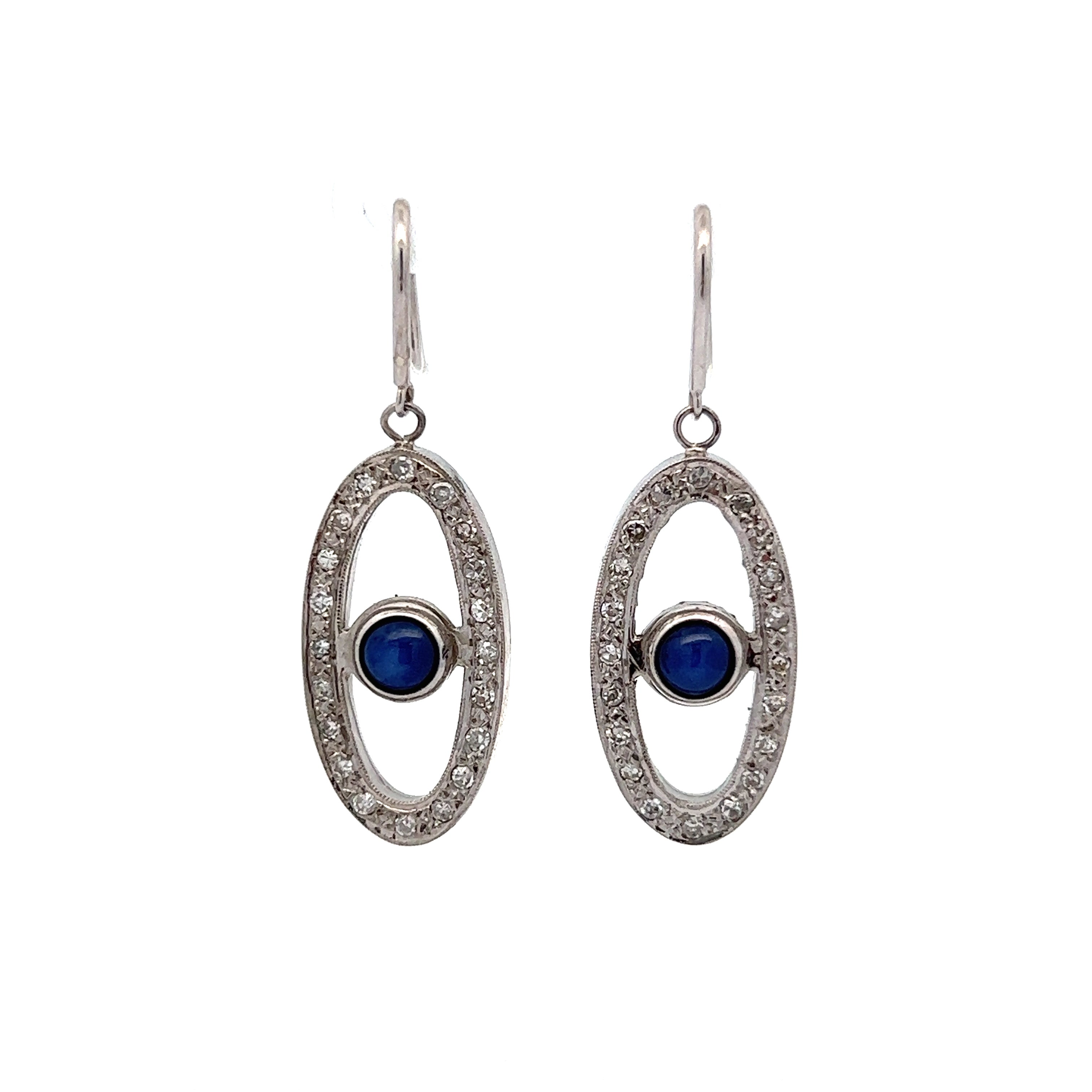 Custom Diamond Star Sapphire Drop Earrings in 14K White Gold Filigree Jewelers