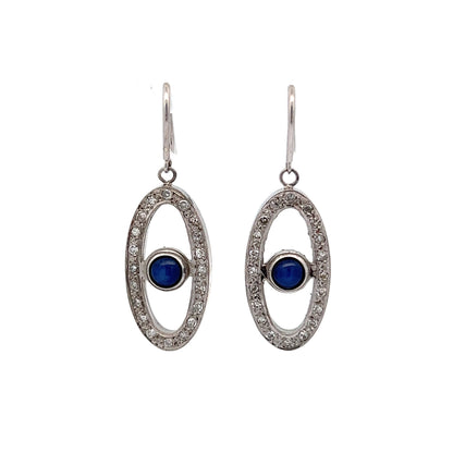 Custom Diamond & Star Sapphire Drop Earrings in 14K White Gold