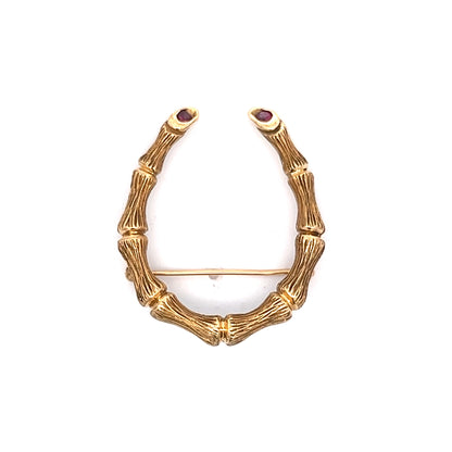 Bamboo Horseshoe Brooch w/ Rubies in 14k Yellow Gold