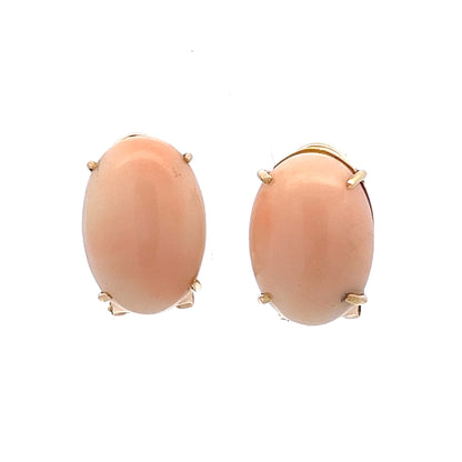 Cabochon Angel Skin Coral Earrings in 14k Yellow Gold