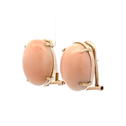 Cabochon Angel Skin Coral Earrings in 14k Yellow Gold