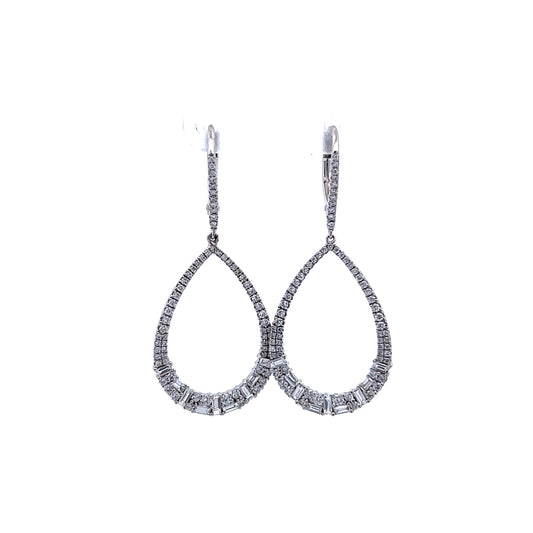 1.14 Baguette & Round Diamond Drop Earrings in 18k White Gold