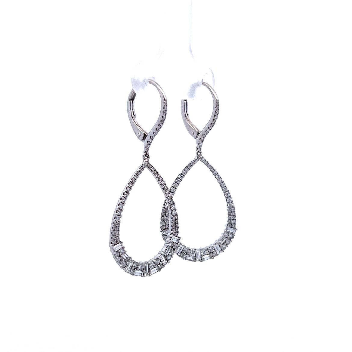 1.14 Baguette & Round Diamond Drop Earrings in 18k White Gold