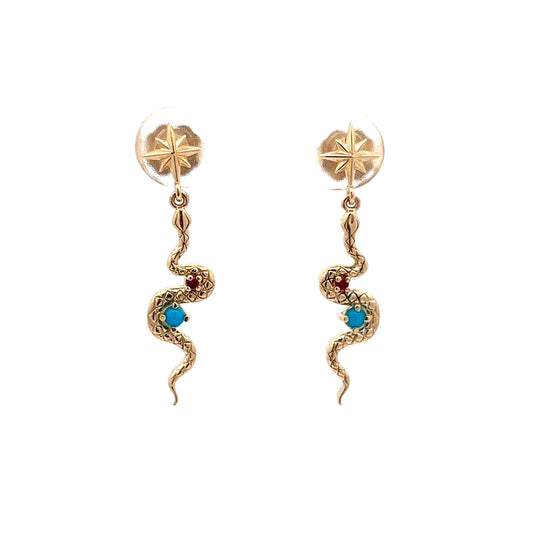 Snake Earrings w/ Ruby & Turquoise in 14k Yellow Gold