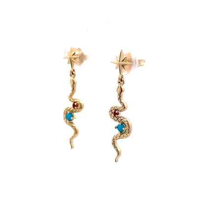 Snake Earrings w/ Ruby & Turquoise in 14k Yellow Gold