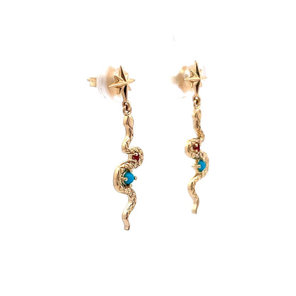 Snake Earrings w/ Ruby & Turquoise in 14k Yellow Gold