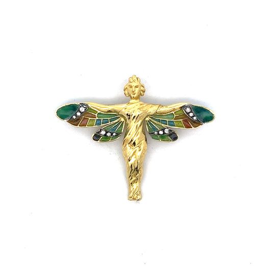 Art Nouveau Style Dragonfly Woman Brooch in 18k Yellow Gold