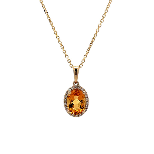 Citrine & Diamond Halo Pendant Necklace in 14k Yellow Gold