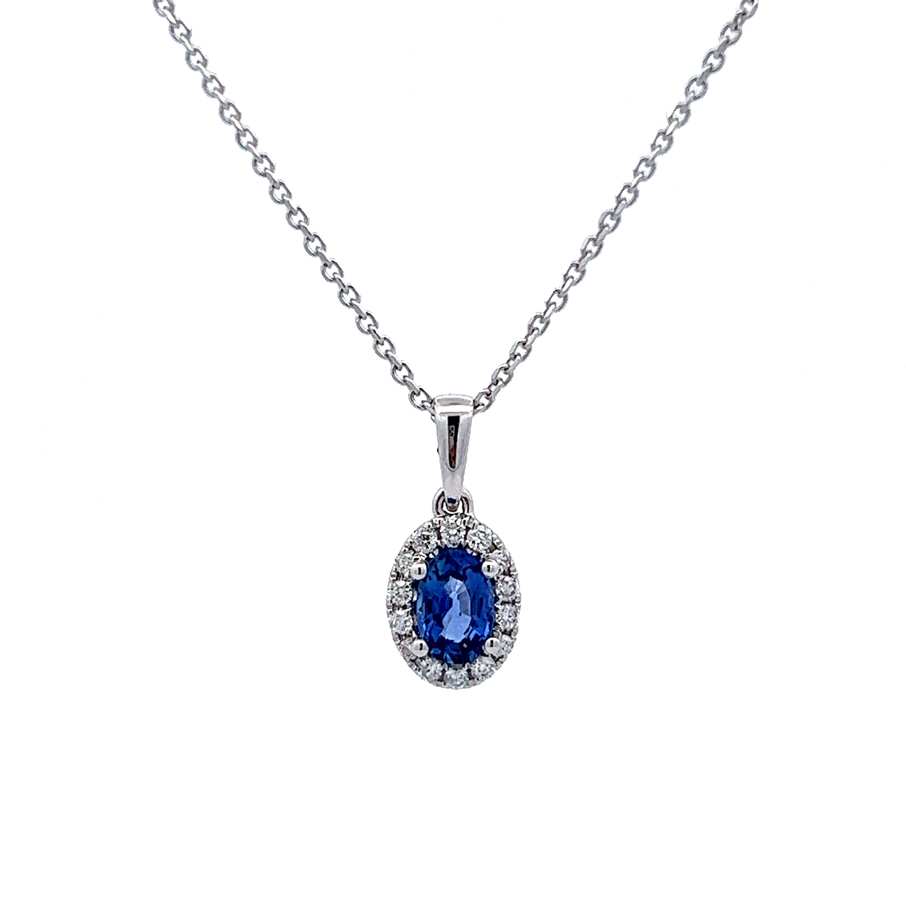 Oval Blue Sapphire & Diamond Halo Pendant Necklace 14k White Gold