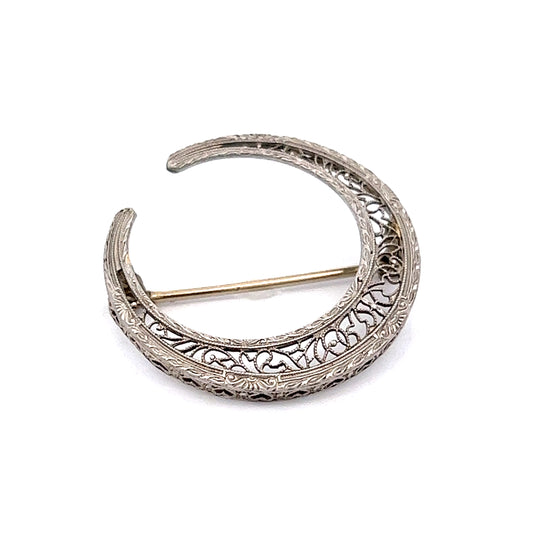 Antique Art Deco Filigree Brooch in 14k White Gold