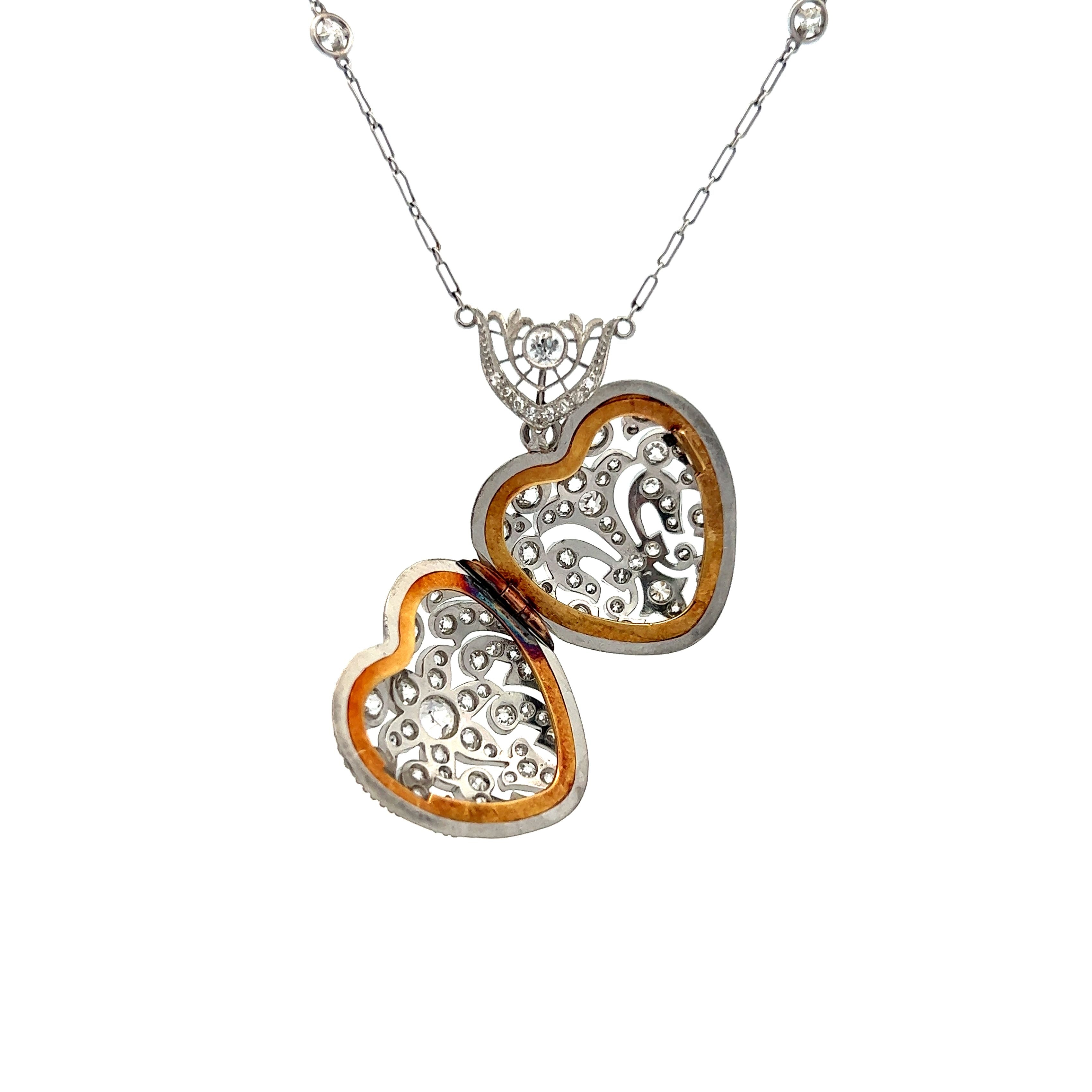 Antique Art Deco Diamond Heart Pendant in Platinum & 14k Yellow