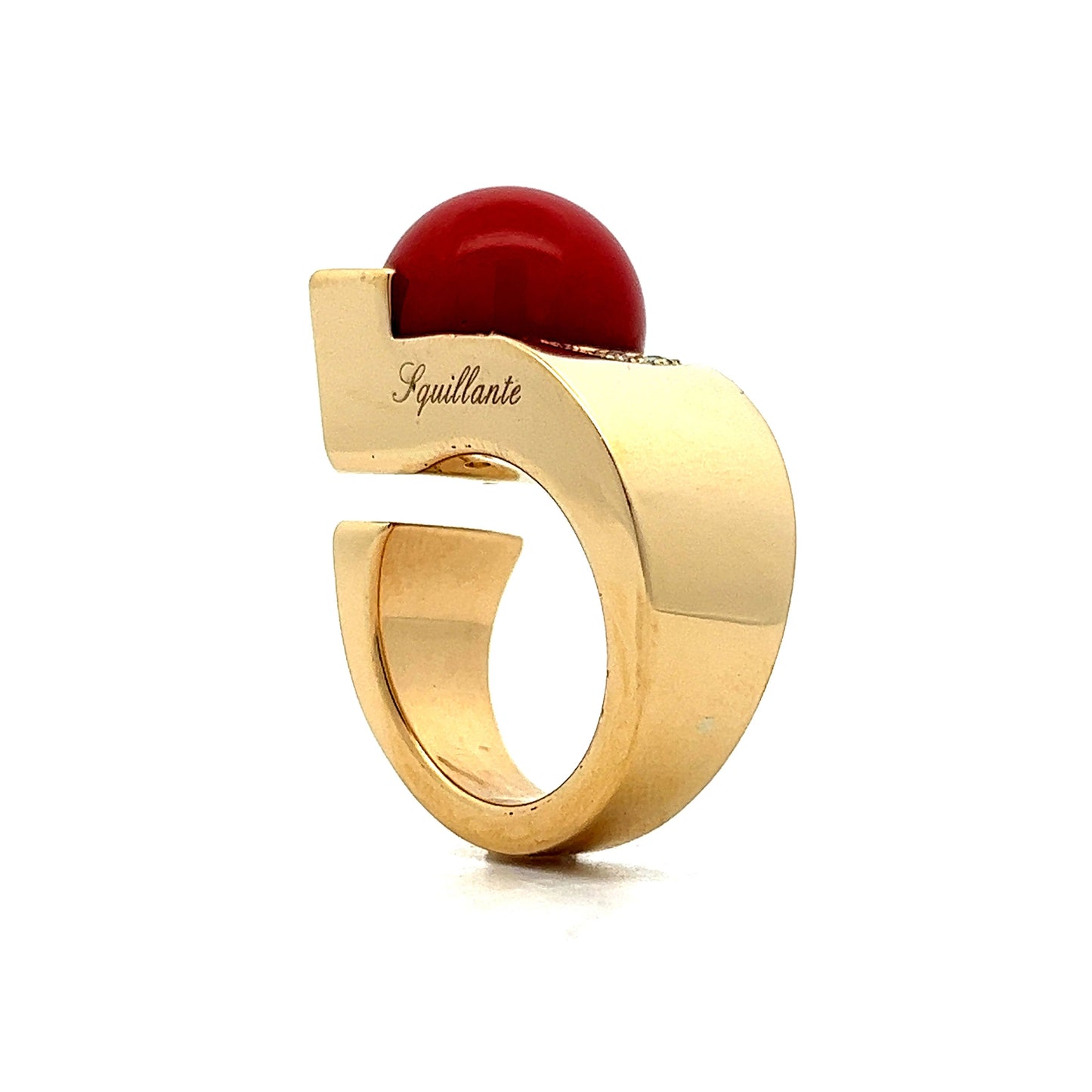 Mid-Century Inspired Coral & Diamond Ring in 18k Yellow Gold