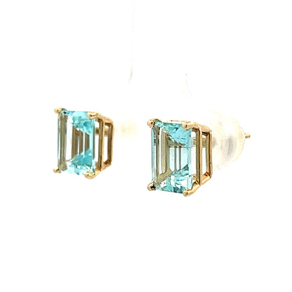 2.86 Emerald Cut Aquamarine Stud Earrings in Yellow Gold