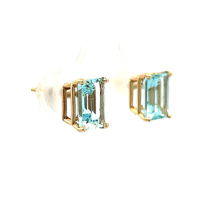 2.86 Emerald Cut Aquamarine Stud Earrings in Yellow Gold