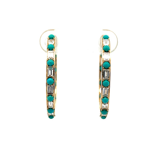 Diamond & Turquoise Hoop Earrings in 14k Yellow Gold