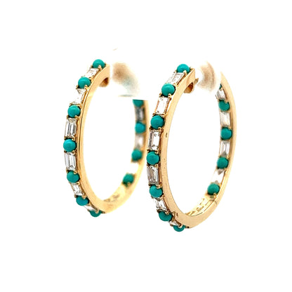 Diamond & Turquoise Hoop Earrings in 14k Yellow Gold