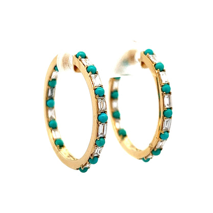 Diamond & Turquoise Hoop Earrings in 14k Yellow Gold