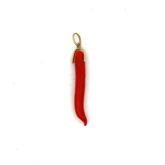 Vintage Cornicello Coral Pendant in 18k Yellow Gold