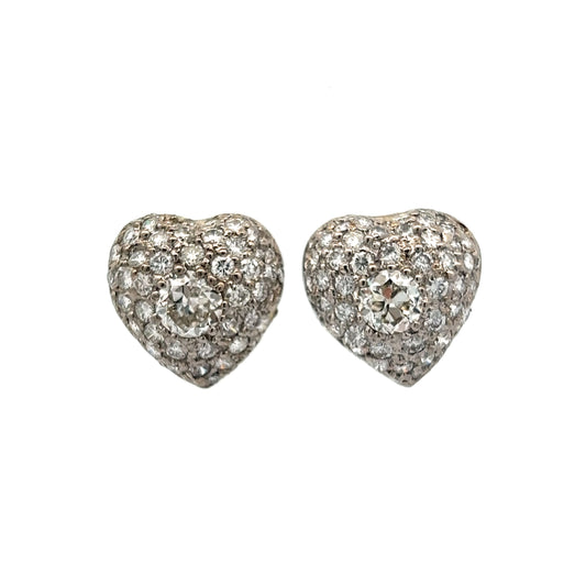 2.48 Old European Diamond Heart Stud Earrings in 18k White Gold