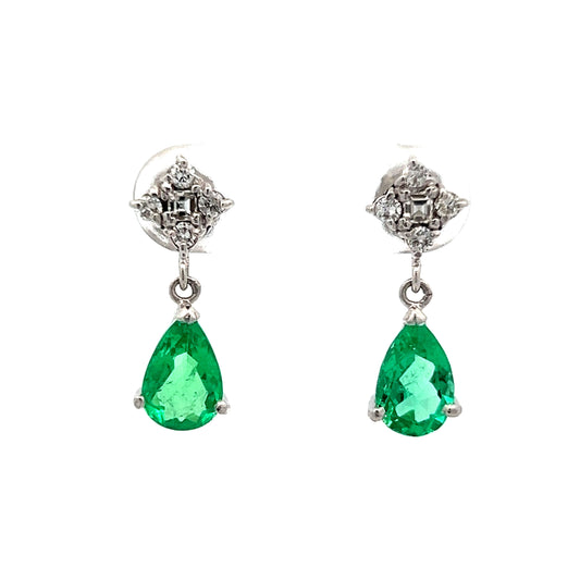 1.79 Pear Cut Emerald & Diamond Drop Earrings in White Gold