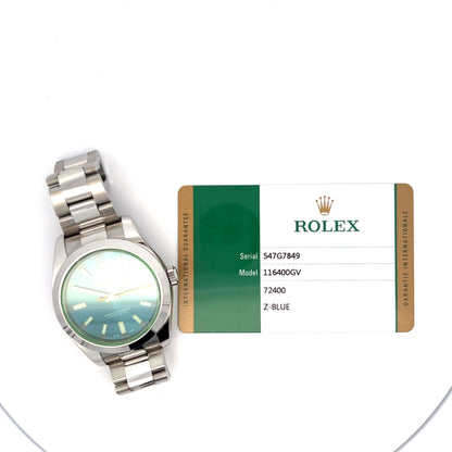 Rolex Milgauss Green Cystal Blue Dial Ref 116400GV in Stainless Steel