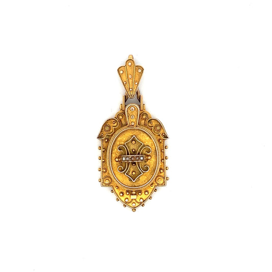 Vintage Victorian Seed Pearl Locket Pendant in 14k Yellow Gold