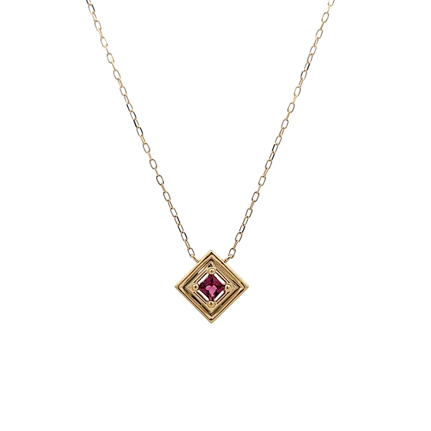 Pink Tourmaline Square Pendant Necklace in Yellow Gold