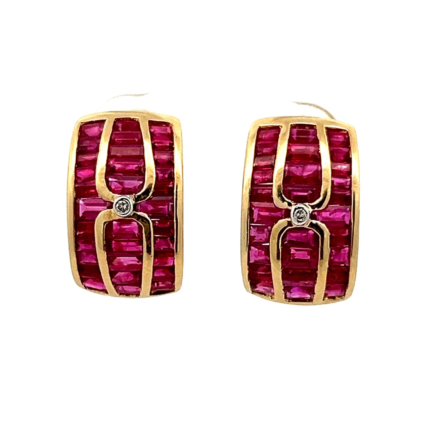 3.12 Ruby & Diamond Baguette Hoop Earrings in Yellow Gold