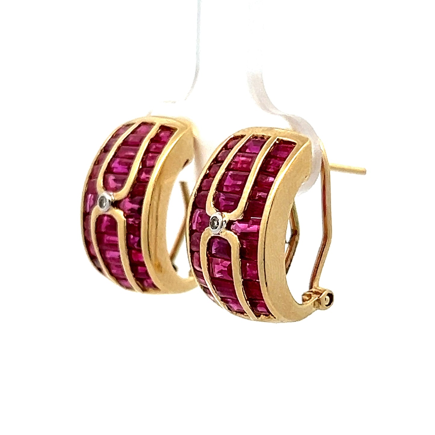 3.12 Ruby & Diamond Baguette Hoop Earrings in Yellow Gold