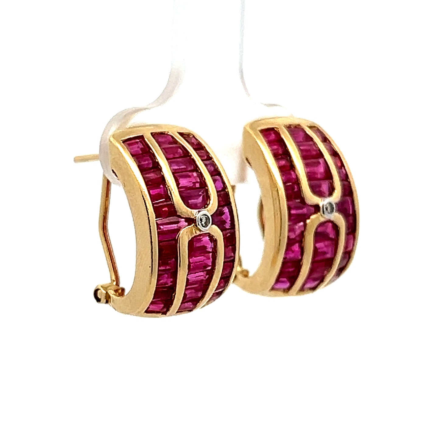 3.12 Ruby & Diamond Baguette Hoop Earrings in Yellow Gold