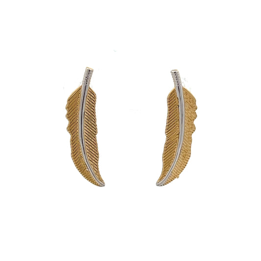 Feather Shaped Stud Earrings in 14k Yellow & White Gold