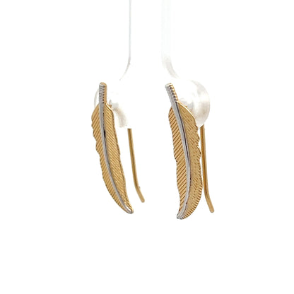 Feather Shaped Stud Earrings in 14k Yellow & White Gold