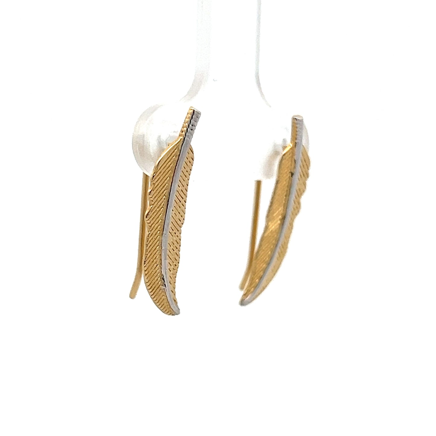 Feather Shaped Stud Earrings in 14k Yellow & White Gold