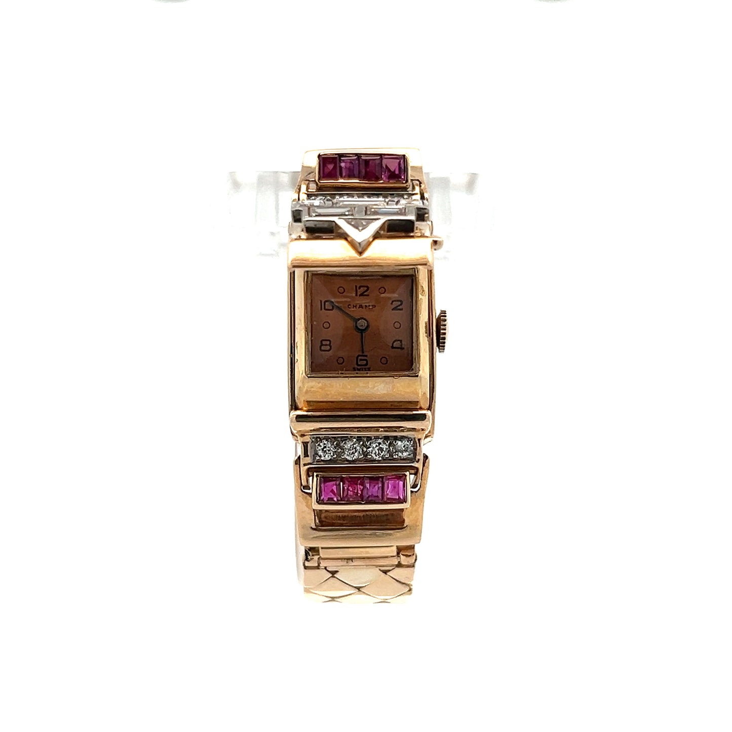 Vintage Retro Diamond & Ruby Watch Bracelet in 14k Yellow Gold