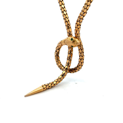 .06 Mid-Century Snake Necklace with Emerald Eyes in 18k Yellow Gold